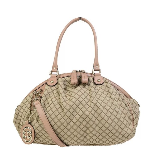 GUCCI GG Logo Diamante Sukey 2Way Shoulder Bag Canvas Leather Beige GHW - Picture 1 of 16